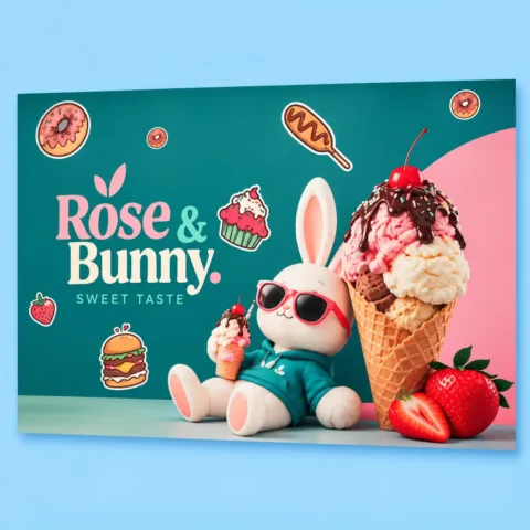 WallPaper Printing Custom printed wall mural displaying a dessert shop design featuring a white bunny wearing sunglasses next to a large ice cream cone and food illustrations.