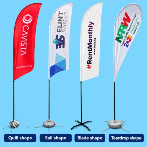 Feather Banner Printing - 2.5m/3.5m/4.5m Four custom printed feather flags in quill, sail, blade, and teardrop shapes with distinct base stands displayed against a light blue background.