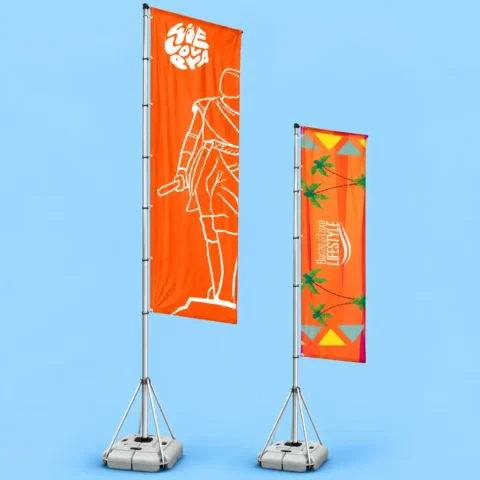 Strong Block Flag Banner With Stand - 3.5m and 4.5m Two orange block flag banners on telescoping metal poles supported by fillable plastic bases.