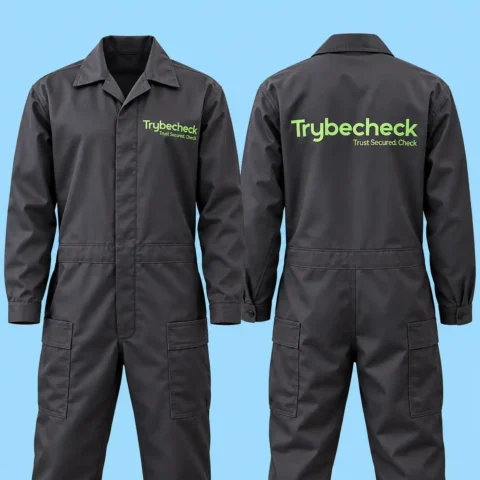 Coverall Branding Front and back view of a dark grey long-sleeve branded work coverall featuring custom printed company logos on the chest and back.