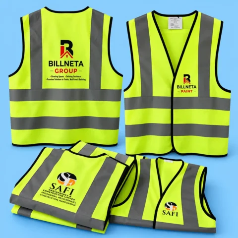 Safety Jacket Branding Front and back view of fluorescent yellow safety vests with grey reflective strips and printed company logos displayed against a light blue background.