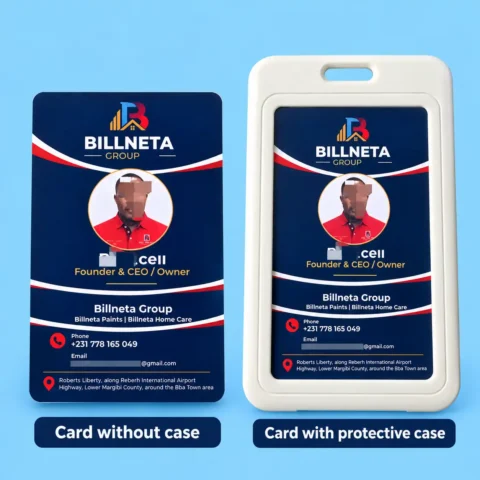 Identity Card Printing - With or Without Case Vertical plastic ID card with a photo portrait, name, job title, contact details, and logo, shown side by side both on its own and inside a white rigid badge holder.