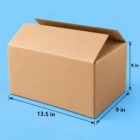 Plain Carton Box - 13.5x9x9in Open brown corrugated carton box measuring 13.5 x 9 x 9 inches against a solid blue background.