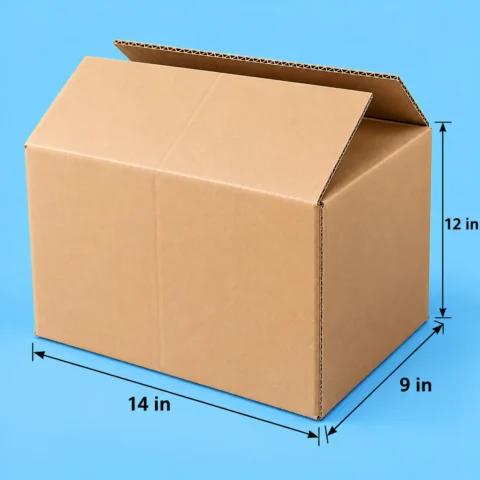 Plain Carton Box - 14 x 9 x 12in Open brown plain corrugated shipping box measuring 14 by 9 by 12 inches against a bright blue background.