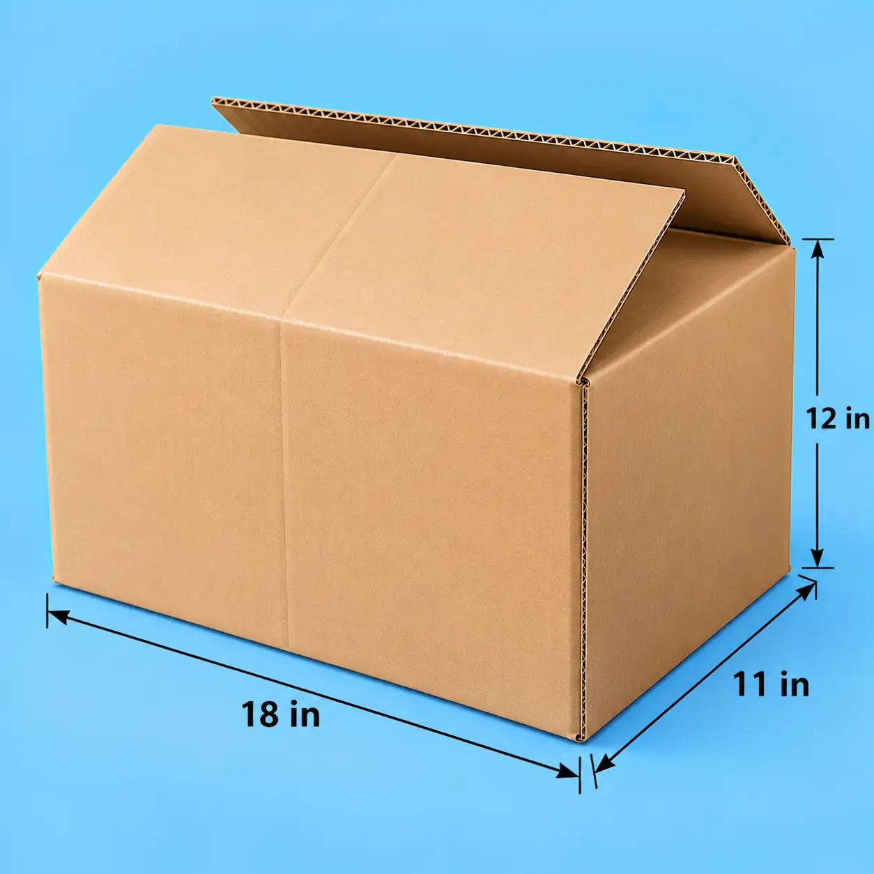 Plain Corrugated Carton Box -18 x11 x12in -5plys Plain Corrugated Carton Box -18 x11 x12in -5plys Plain brown corrugated cardboard box sitting open on a blue background, labeled with dimensions 18 in, 11 in, and 12 in.