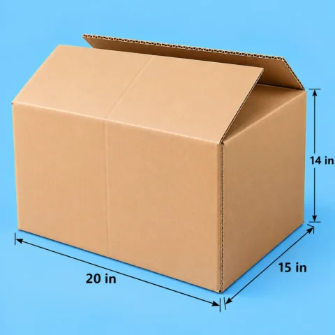 Plain Corrugated Carton Box - 20x15x14in Plain brown corrugated shipping box with top flaps open, displaying dimension markers of 20 inches in length, 15 inches in width, and 14 inches in height against a solid light blue background.