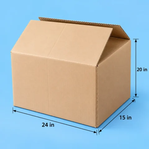 Plain carton box - 24 x15 x 20in Plain brown corrugated cardboard box with top flaps partially open, labeled with 24 in length, 15 in width, and 20 in height dimension lines against a light blue background.