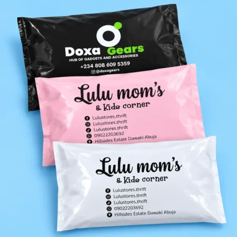 Courier Nylon Bag With No Handle - 5 Sizes Three custom printed poly mailer bags in black, pink, and white displayed against a light blue background, featuring custom branding, business logos, and contact details.