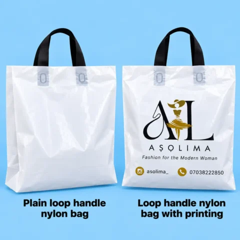 Loop Handle Bag - 14 x 18in To 18 x 21in Two white loop handle nylon bags with black handles on a blue background, one plain and one printed with a fashion logo and contact details