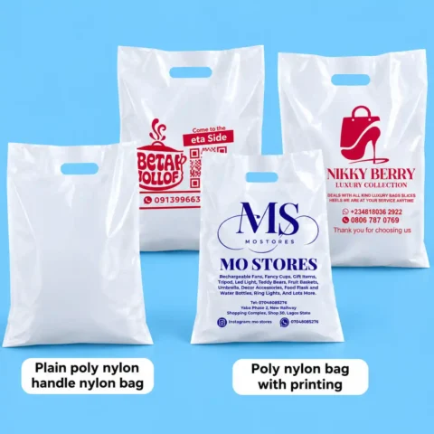 Poly Nylon Bag - Plain or Printed - 9x11.5in to 24x27in Four white die-cut handle poly nylon bags displayed on a blue background, featuring one plain unprinted shopping bag on the left alongside custom-printed nylon bags displaying business logos, contact details, and product lists.