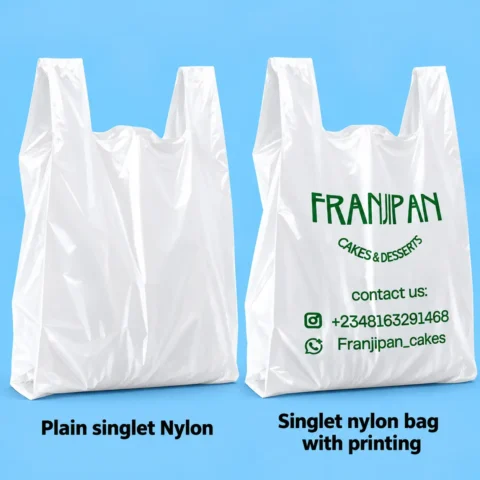 Singlet Nylon Bag - 9x16in to 16x30in Two white singlet nylon plastic bags standing side-by-side against a blue background, one plain on the left and one custom printed with green business branding details on the right.