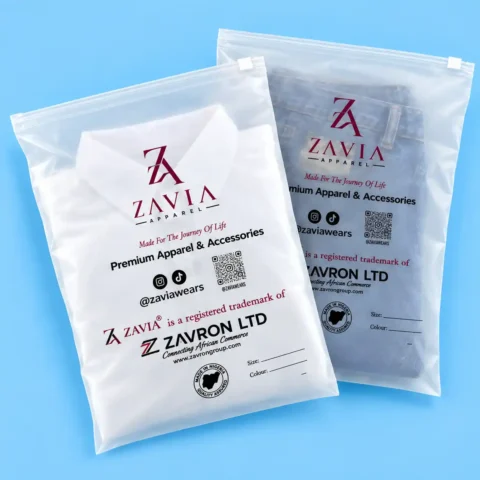 Two frosted plastic zipper bags containing folded clothing, including a white collared shirt and denim jeans, printed with custom brand logos, social handles, QR codes, and sizing details against a light blue background.