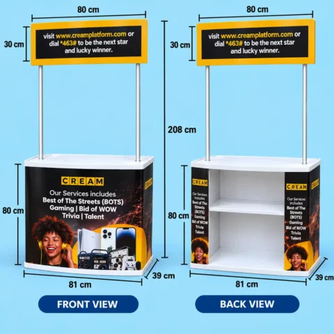 Promotional Table - ABS PVC 208cm Tall Front and back views of a promotional table with header board, white counter base, side panels, and open rear shelves showing labeled dimensions