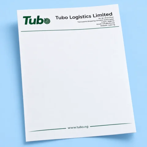 Letterhead Printing Single sheet of custom printed corporate letterhead paper featuring a green company logo, header contact details, and a website footer on a light blue background.