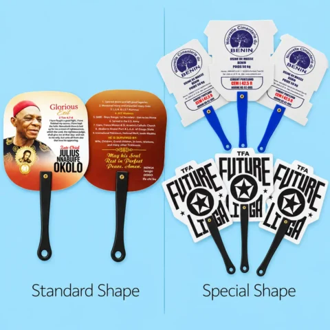 Customized Handfan Printing for Events. Assortment of custom branded hand fans showing standard paddle-shaped memorial fans and special-shaped promotional fans with printed logos and text