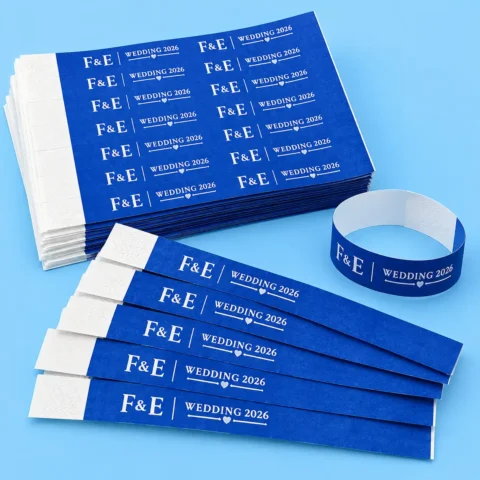 Custom Tyvek Paper Wristbands for Events. Stack of blue event hand tags and paper wristbands printed with F&E | WEDDING 2026 and a small heart, shown flat and one formed into a loop on a light blue background.