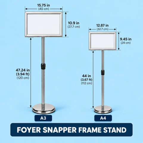 Snapper frame foyer stands in A3 and A4 sizes side by side, silver metal frames on adjustable poles with dimensions
